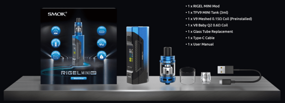 A SMOK Rigel Mini kit with each of its included parts displayed.