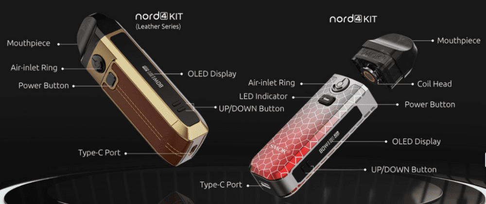 Two SMOK Nord 4 vapes with arrows and text pointing out their features.