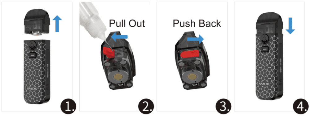 An instructional graphic showing the steps to refill a SMOK Nord 4 pod with e-juice.