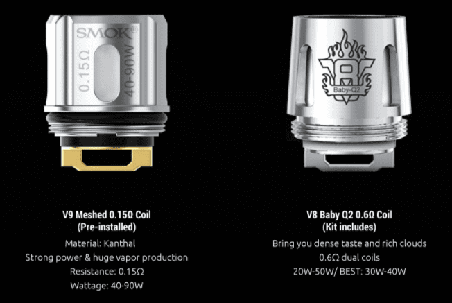 Two SMOK coils with text beneath explaining their qualities.