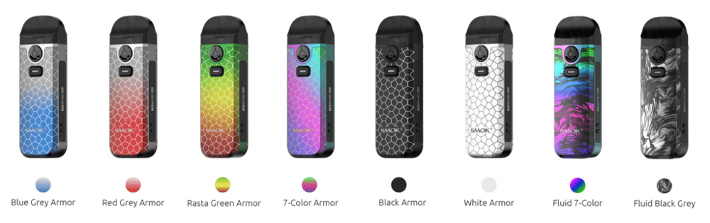 Several SMOK Nord 4 vapes with their colors labelled beneath.