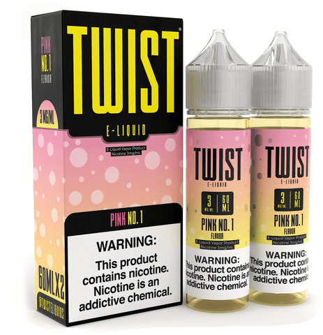 Two bottles of pink lemonade e-juice by Twist E-Liquids next to their box.