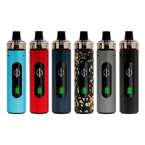 Several colorful Uwell vapes displayed in a row against a white background.