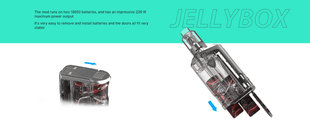 A two-panel graphic explaining vape battery installation in the Rincoe Jellybox.