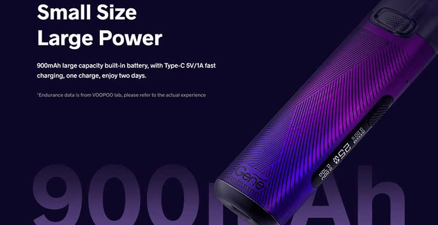 A purple pen style vape set atop a dark background with text to the left.