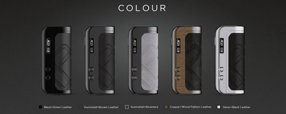 Several vape mods in different colors set on a dark background.