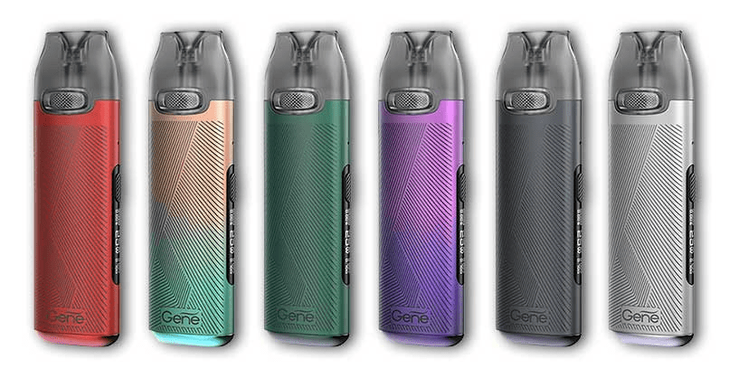 Six Voopoo vape devices displayed in a row in an array of colors.