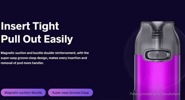 A purple Voopoo vape pen on a dark background with text to the left.