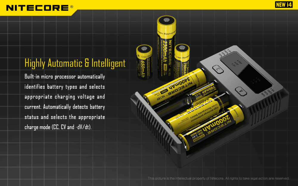 A graphic showing a Nitecore charger with yellow vape batteries inside.