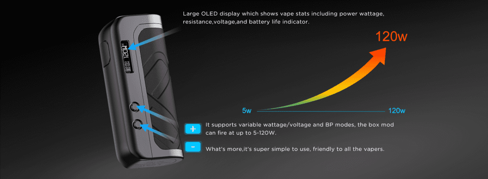 An illustration of a vape mod displaying its power capabilities.