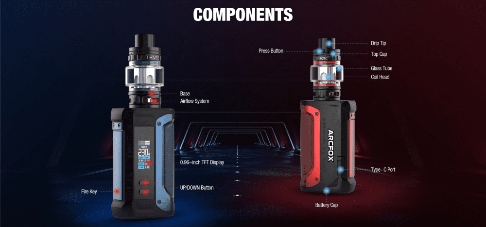 Two SMOK vape kits with arrows indicating special features.