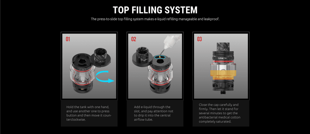 A three-paneled guide to filling a SMOK vape tank.