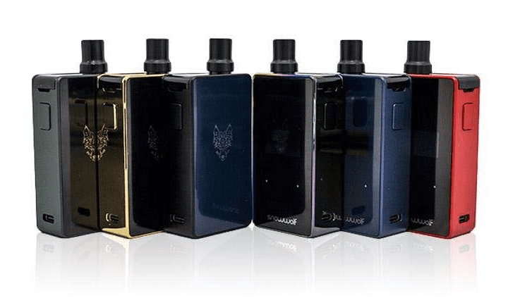 Six Snowwolf vape devices displayed in black and a variety of colors.