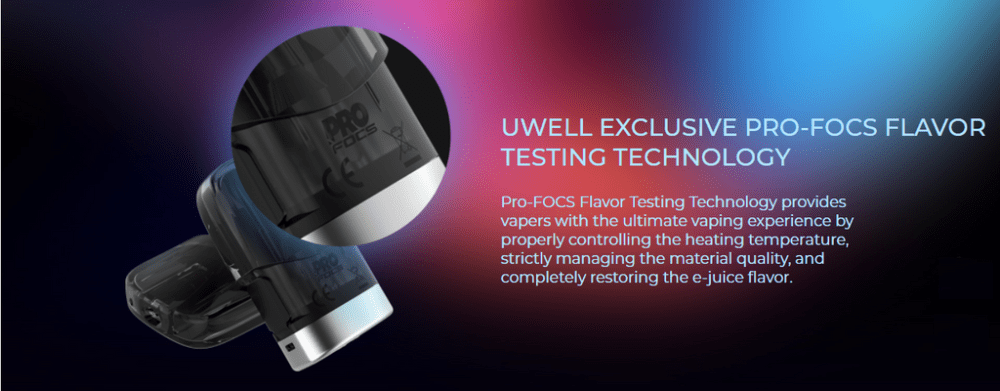 A Uwell vape pod with a close-up panel atop a colorful background.