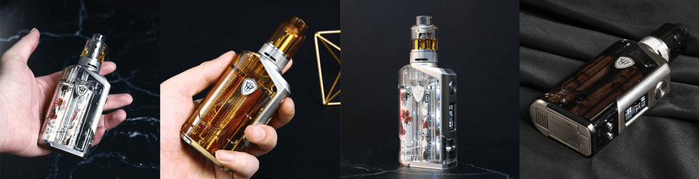 Four lifestyle images of hands holding the Rincoe Jellybox vape kit.