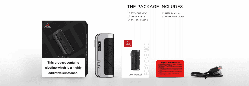 An Augvape Foxy One vape kit with all pieces displayed.