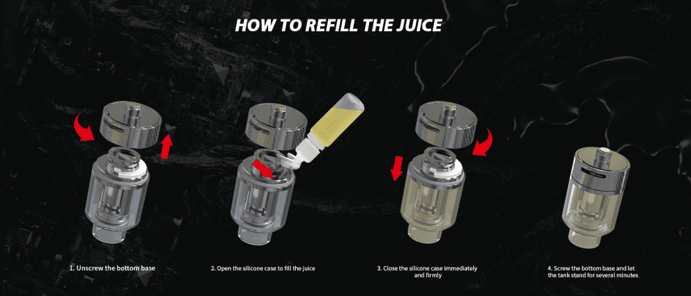 An informational graphic explaining how to fill a vape tank with e-liquid.