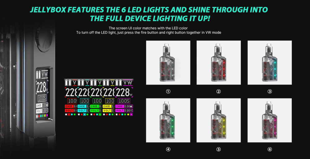 A graphic displaying the color options on the Rincoe Jellybox vape screen.