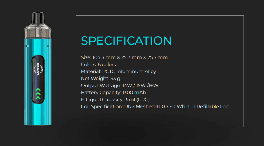 A bright blue vape pod device with specifications listed to the right.