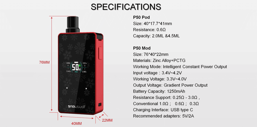 A black and red vape kit with text detailing its specifications.