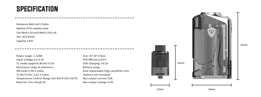 A silver Rincoe vape and tank with specs listed to the left.