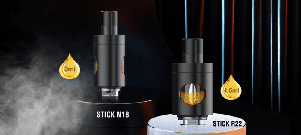 Two black vape tanks over a dark background.