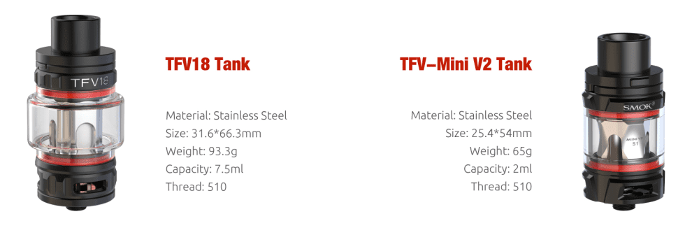 Two SMOK vape tanks with informative text near them.